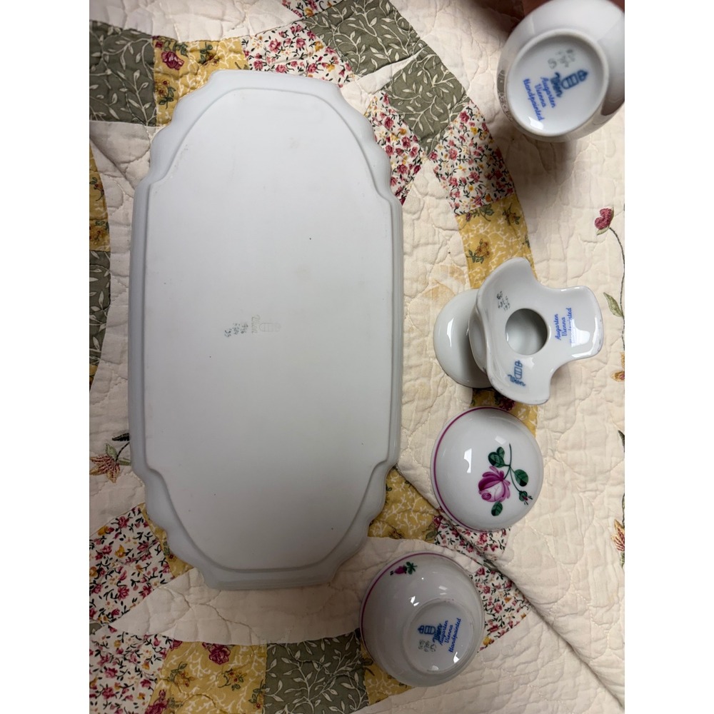 Augarten Wien Viennese Rose Porcelain Vanity Set Tray Vase Trinket Box 4pc - Picture 5 of 7
